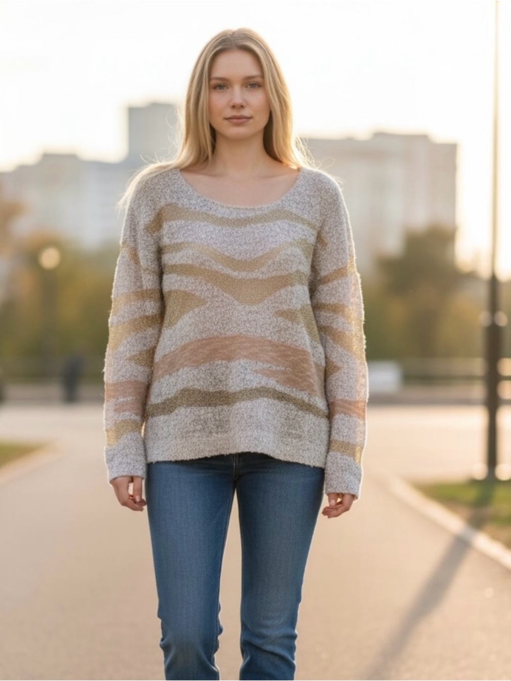XOXO Women’s Metallic Gold Wave-Stripe Open Knit Scoop Neck Pullover Sweater
M